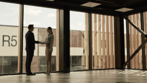 An image of a small business owner meeting with a landlord for their new office in Etobicoke (in western Toronto)